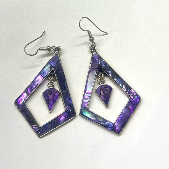 Vintage Taxco Mexican Alpaca Purple Abalone Large Diamond Shaped Earrings - Picture 1 of 5